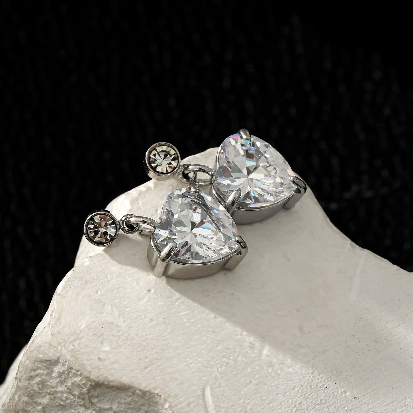 DAROCCA Silver (White Gold): Large Heart Shaped & Mini Solitaire Round Shaped Zirconia Combo Studs