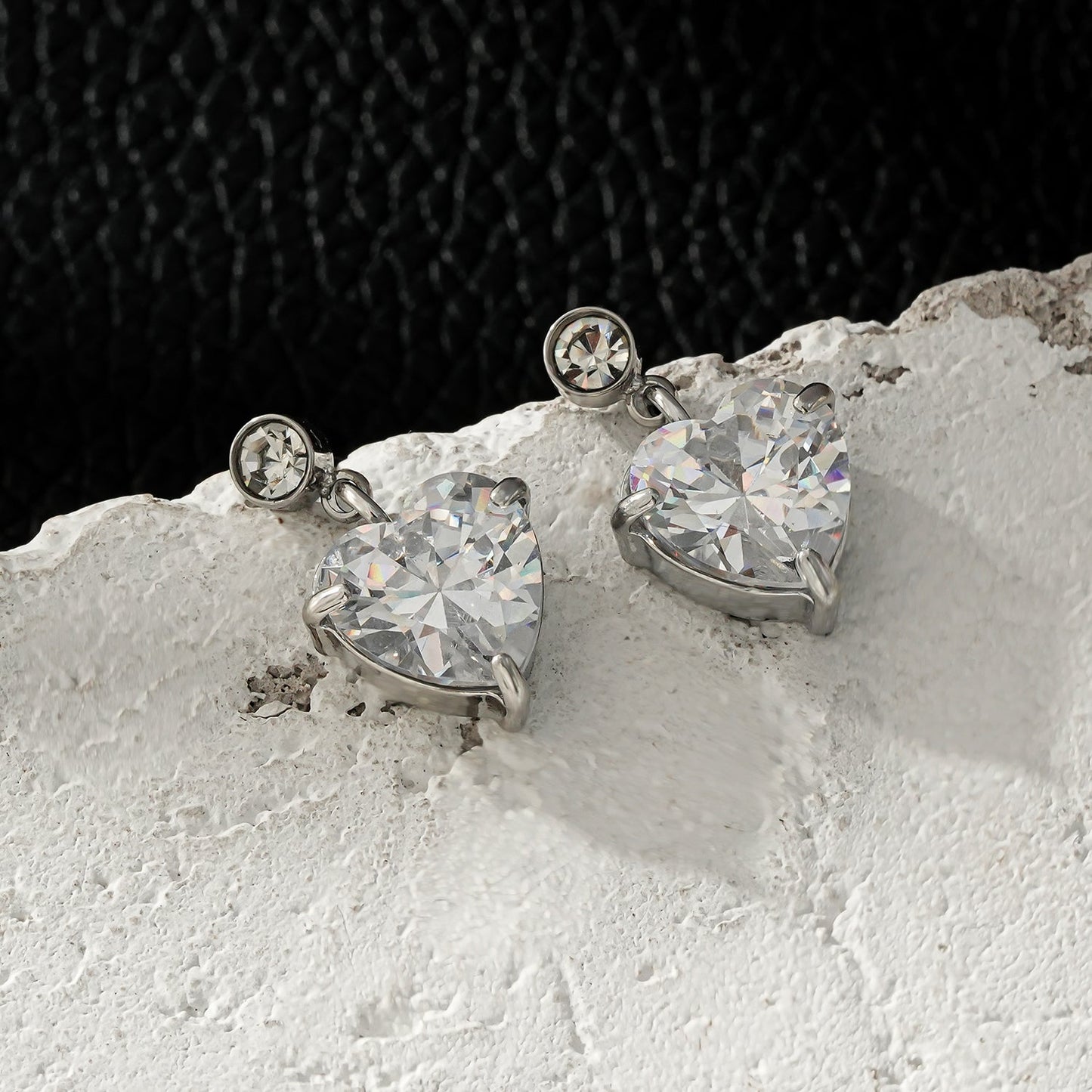 DAROCCA Silver (White Gold): Large Heart Shaped & Mini Solitaire Round Shaped Zirconia Combo Studs