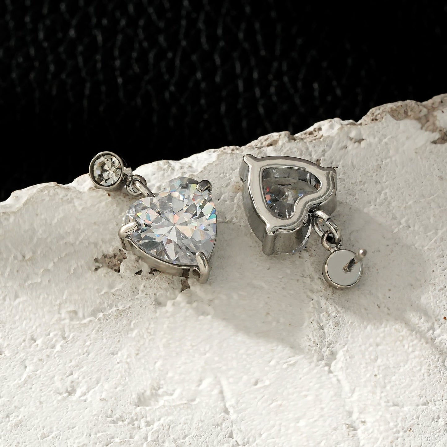 DAROCCA Silver (White Gold): Large Heart Shaped & Mini Solitaire Round Shaped Zirconia Combo Studs