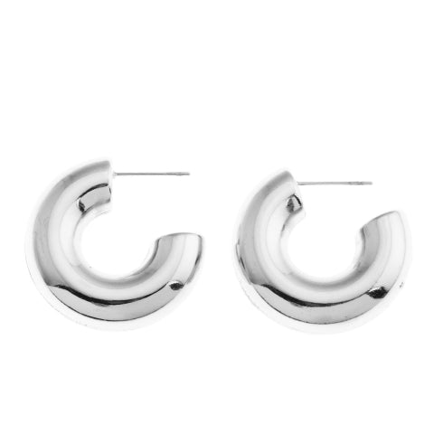 DEMONTE: Hollow Chunky-Look Smooth Surface Tube Hoop Earrings in Silver Toned White Gold