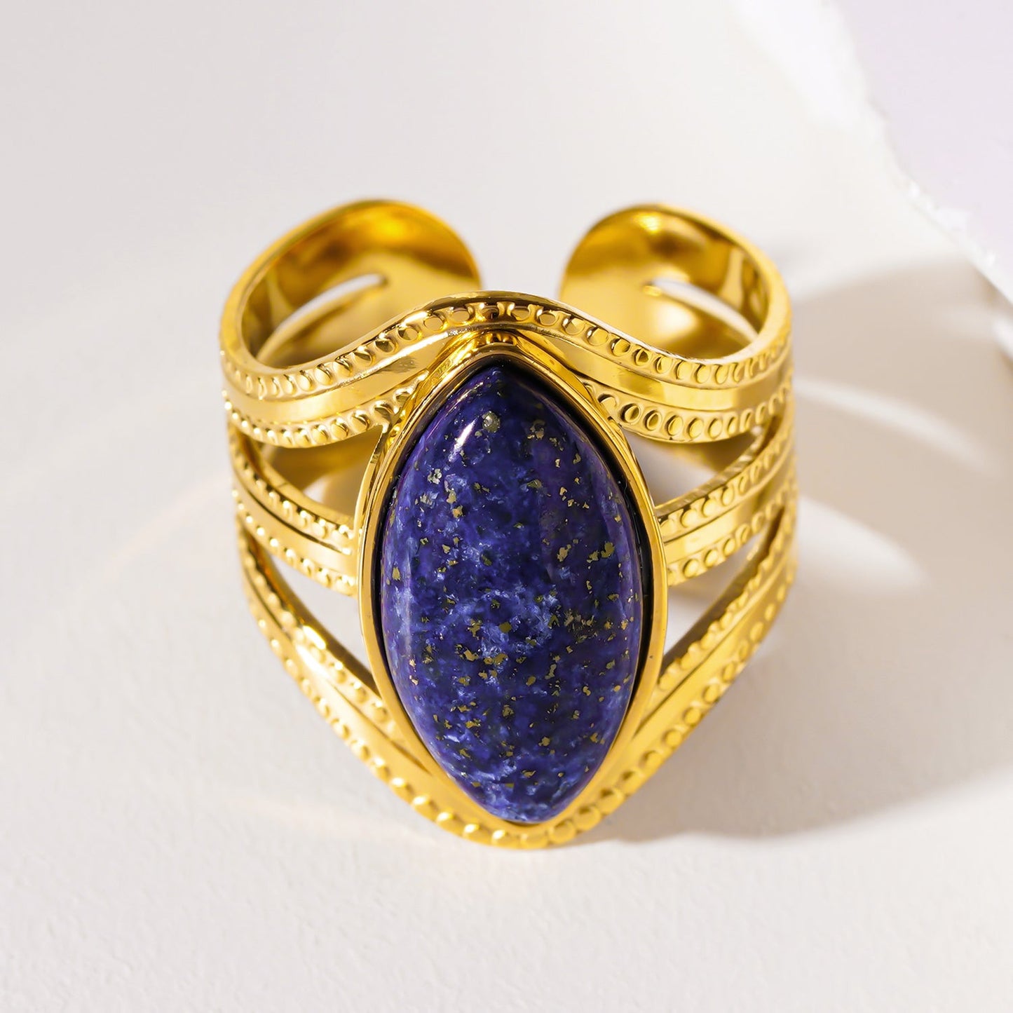 TIAMO: Vintage Inspired Ring with Triple Ornate Bands & a Lapis Lazuli Centre Piece