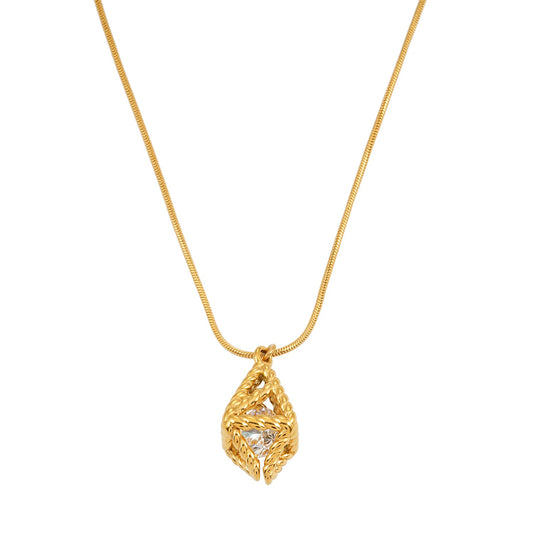 Style KARJAT: Gold Chain Necklace with Geometric Caged Zirconia Pendant