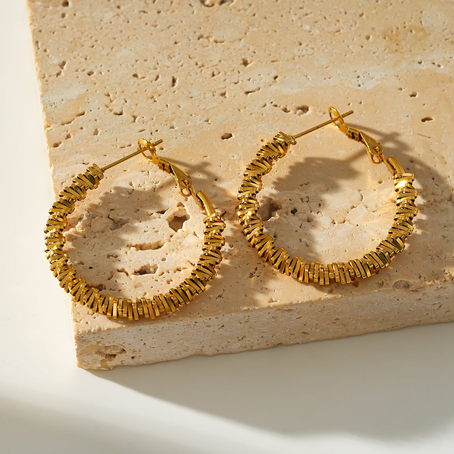 SPRINGDALE Gold: Textured Geometric Square Beaded Hoop Earrings