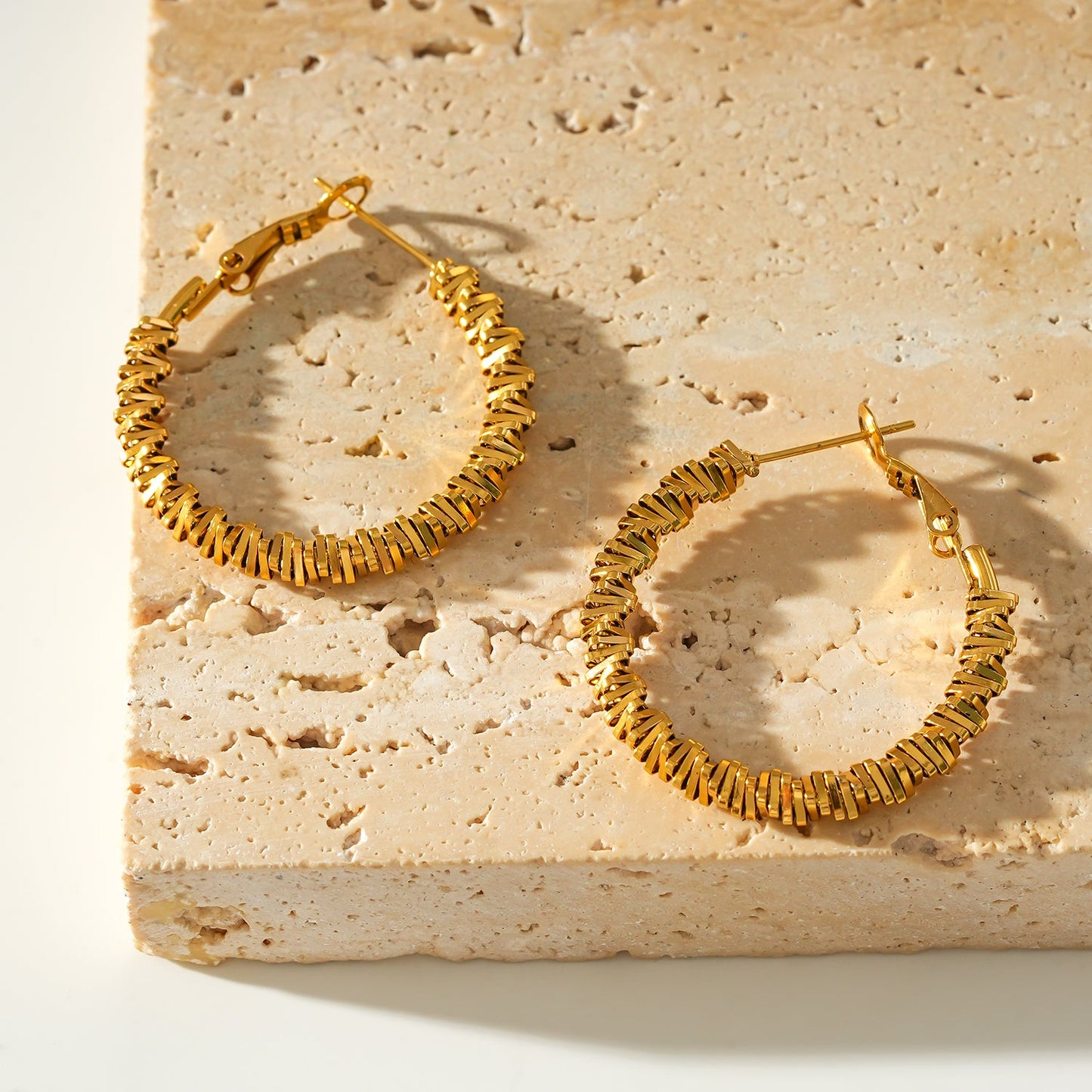 SPRINGDALE Gold: Textured Geometric Square Beaded Hoop Earrings