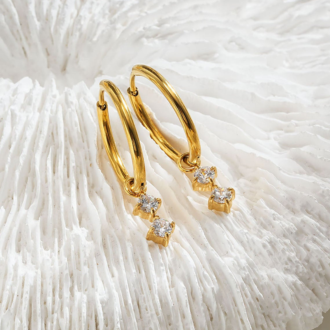 MORTAINA Gold: Retro Inspired Mini Hoops with Duo Zirconia Charms