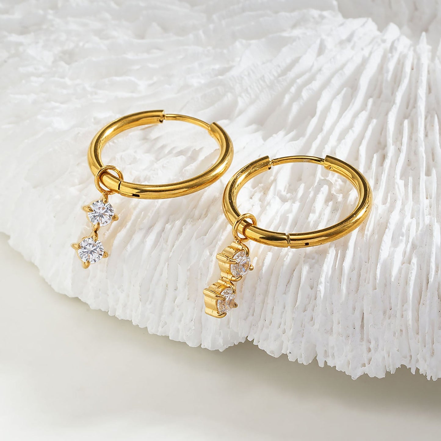 MORTAINA Gold: Retro Inspired Mini Hoops with Duo Zirconia Charms