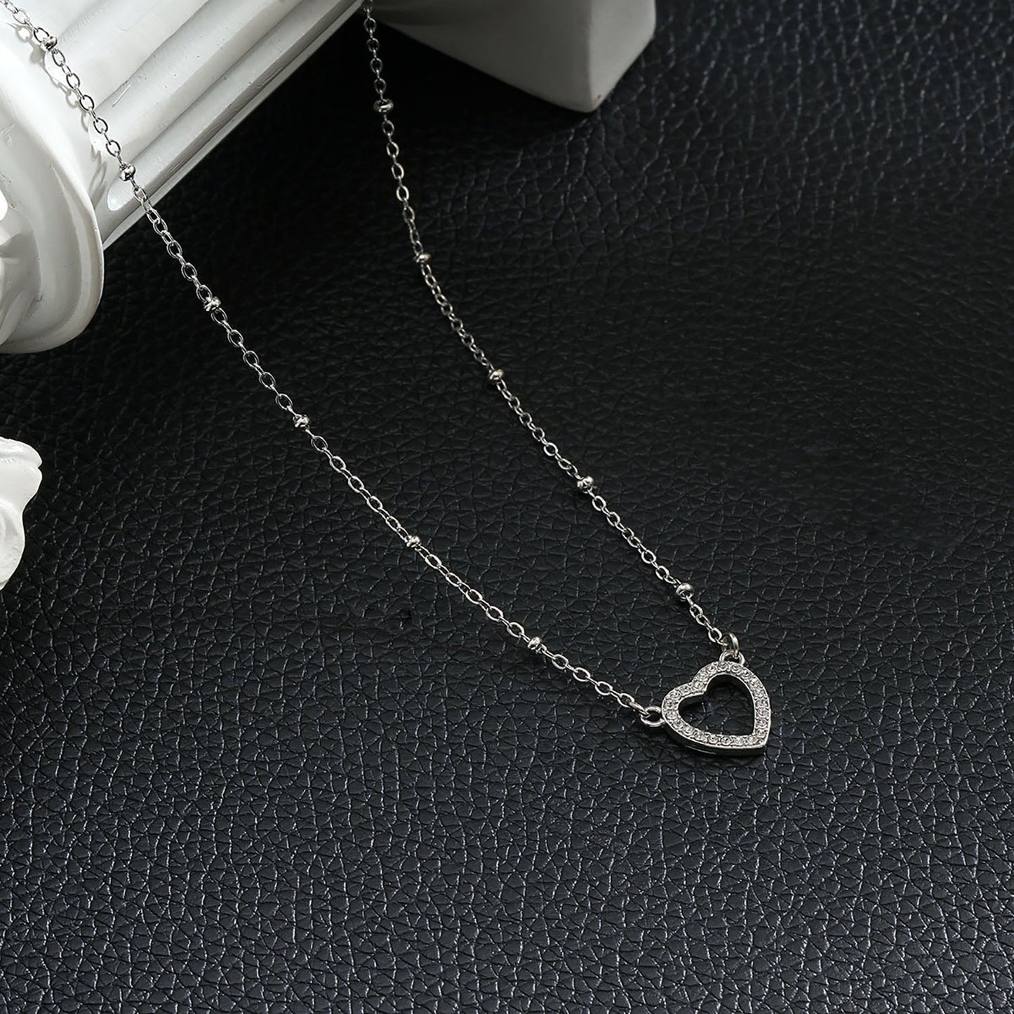 CHERISH Silver (White Gold): Beaded Chain Anchoring an Elegant Pavé Heart Charm Pendant