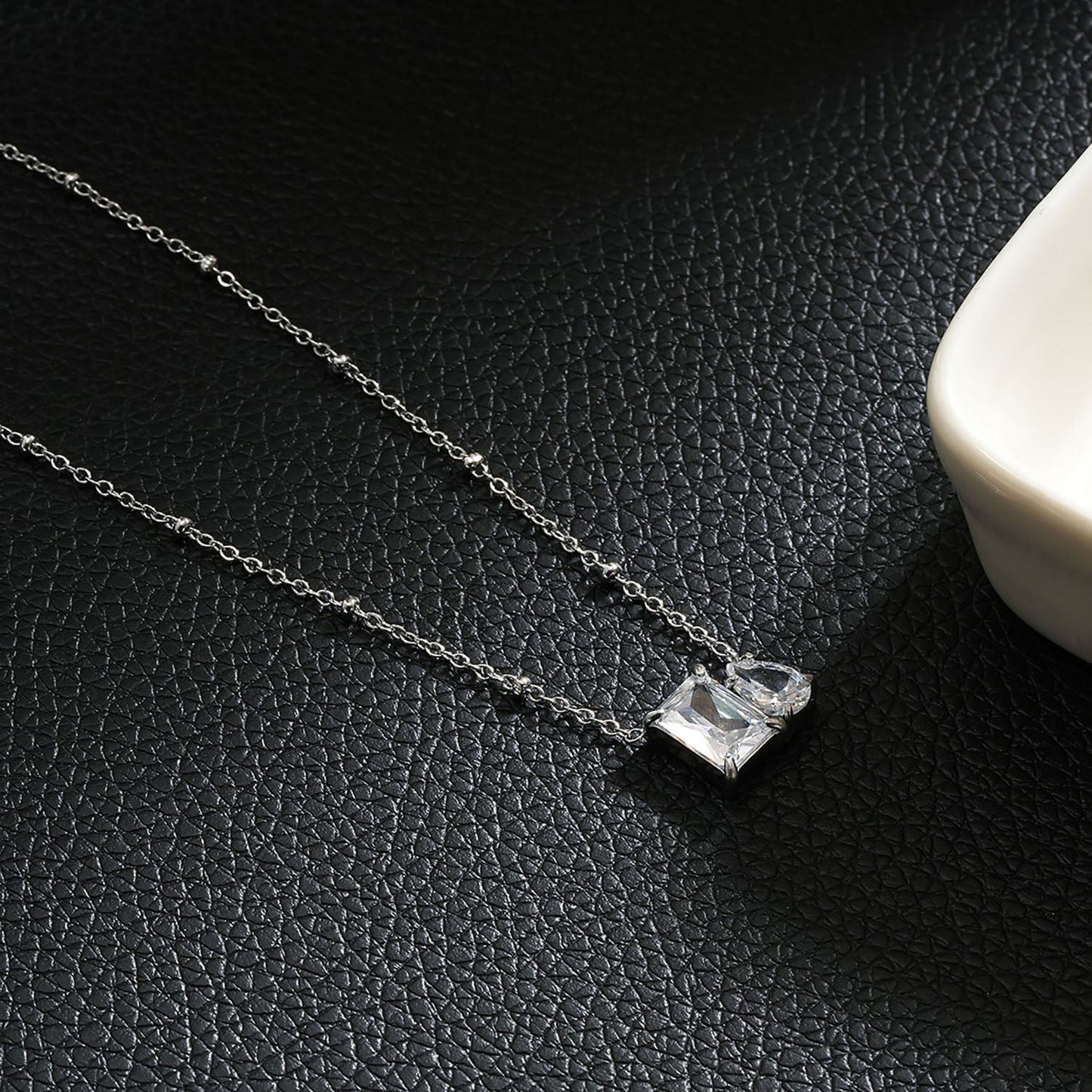 MAFFINA Silver (White Gold): Dainty Beaded Chain Necklace with Duo Zirconia Pendant