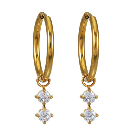 MORTAINA Gold: Retro Inspired Mini Hoops with Duo Zirconia Charms