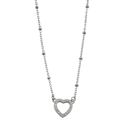 CHERISH Silver (White Gold): Beaded Chain Anchoring an Elegant Pavé Heart Charm Pendant
