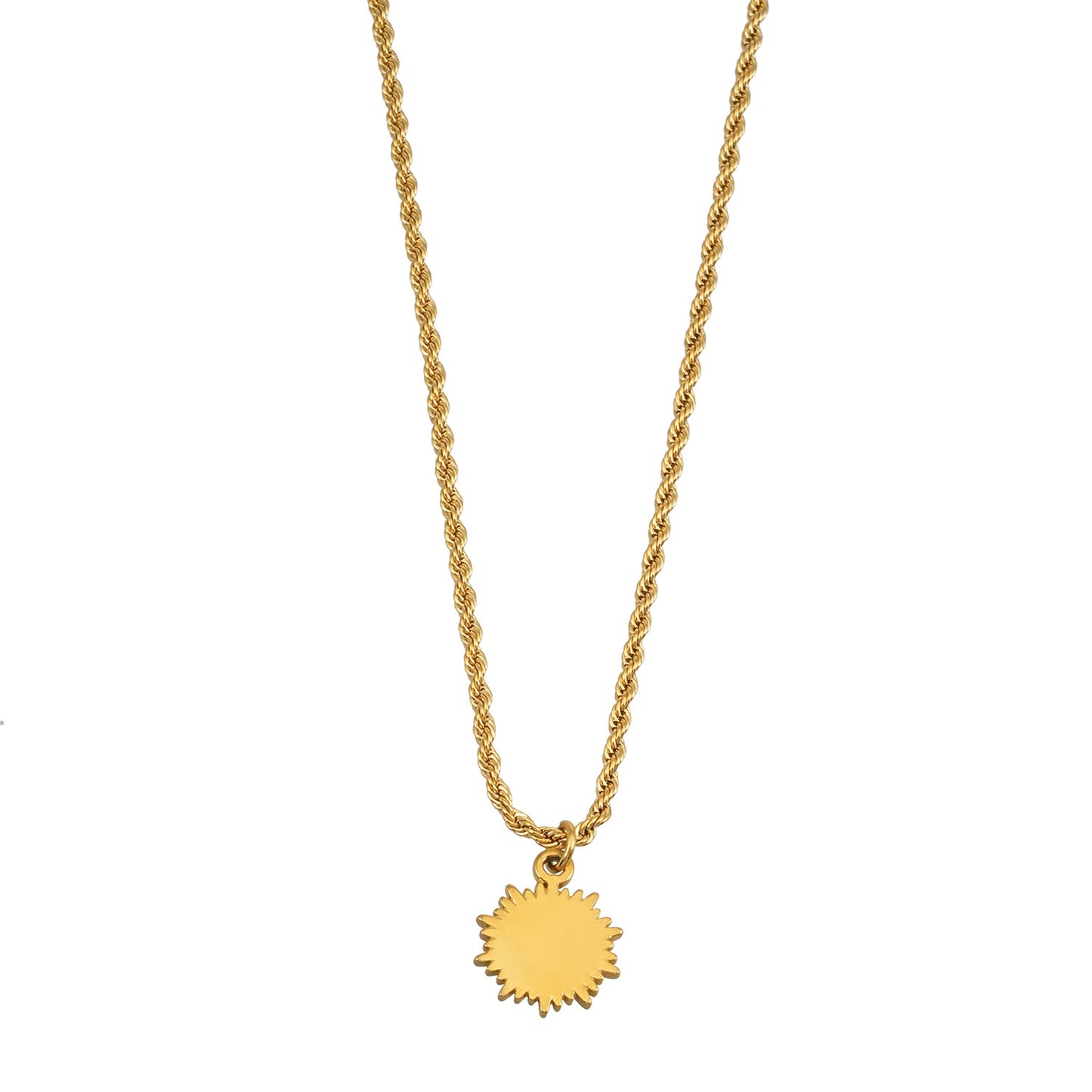 ISA Gold: Rope Chain Necklace with Pavé Zirconia Radiant Sun Pendant