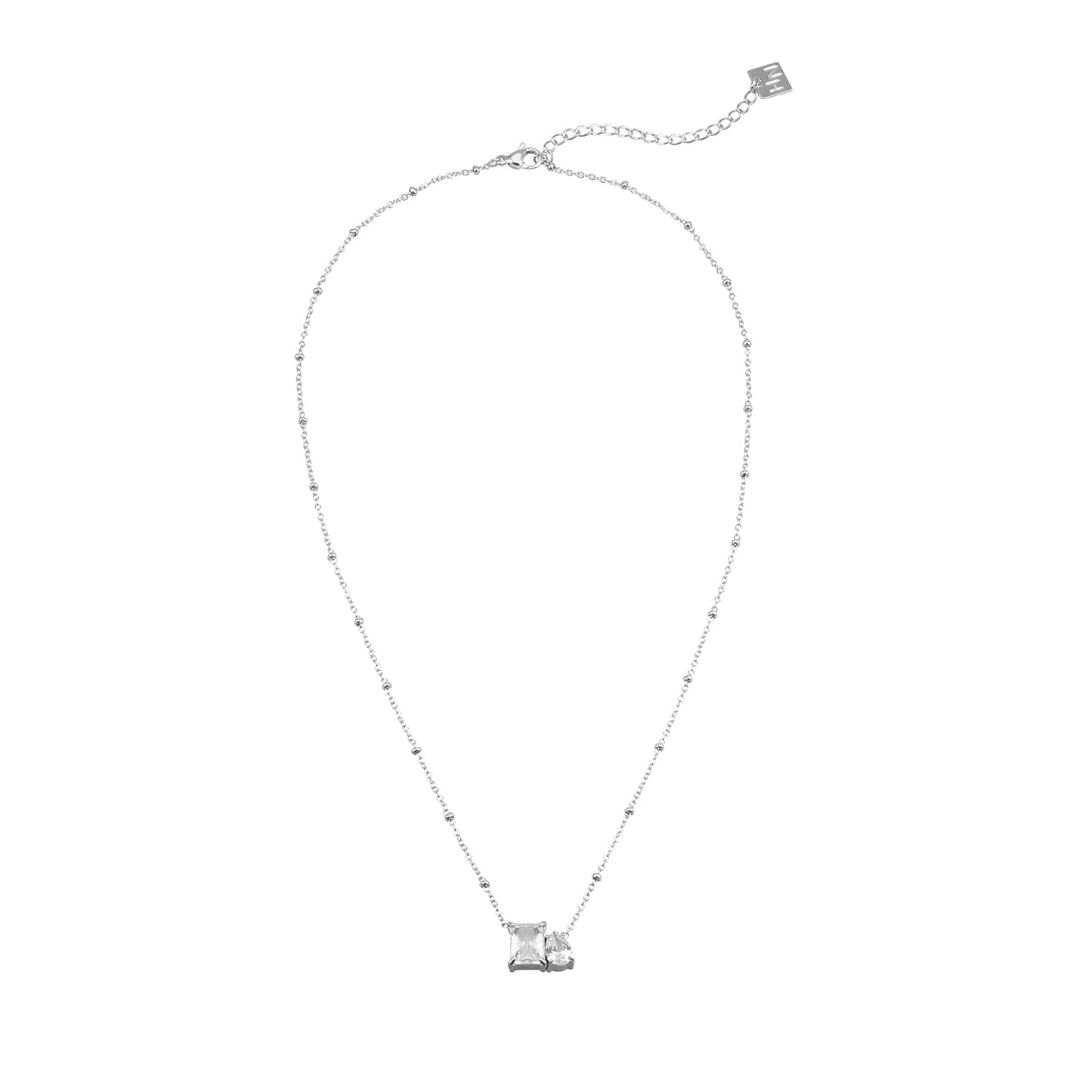 MAFFINA Silver (White Gold): Dainty Beaded Chain Necklace with Duo Zirconia Pendant