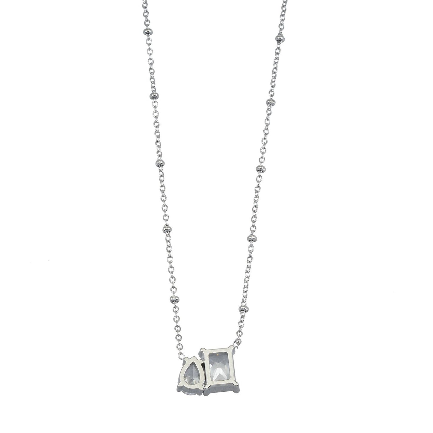 MAFFINA Silver (White Gold): Dainty Beaded Chain Necklace with Duo Zirconia Pendant