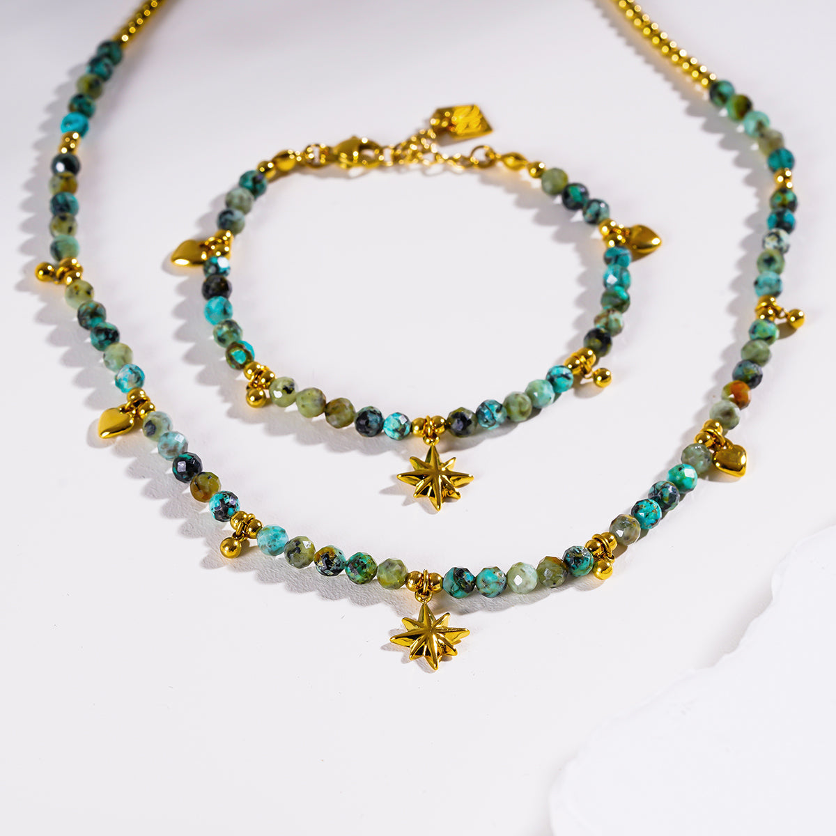 Style KAVYA: Blue Turquoise Stones with Gold Beads & Charms Chain Bracelet