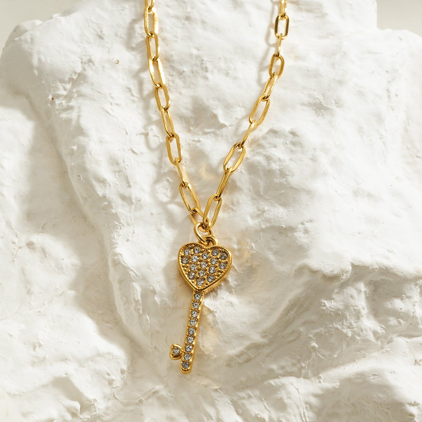 JAZRINA Gold: Pavé Key & Heart Pendant on a Paper Clip Chain Necklace