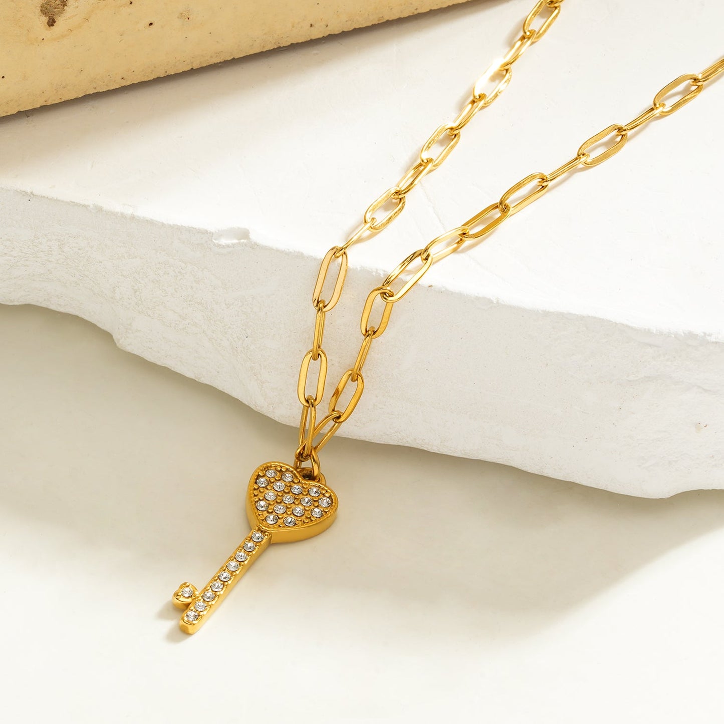 JAZRINA Gold: Pavé Key & Heart Pendant on a Paper Clip Chain Necklace