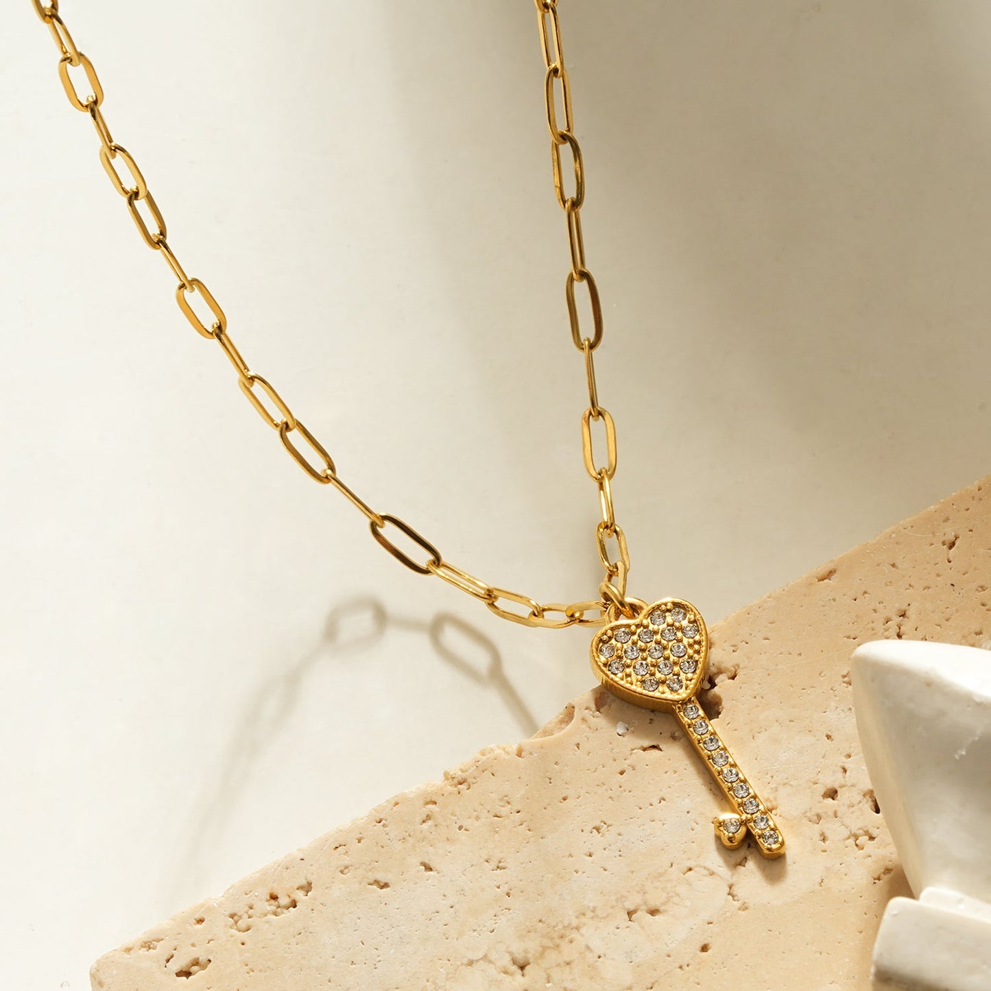 JAZRINA Gold: Pavé Key & Heart Pendant on a Paper Clip Chain Necklace