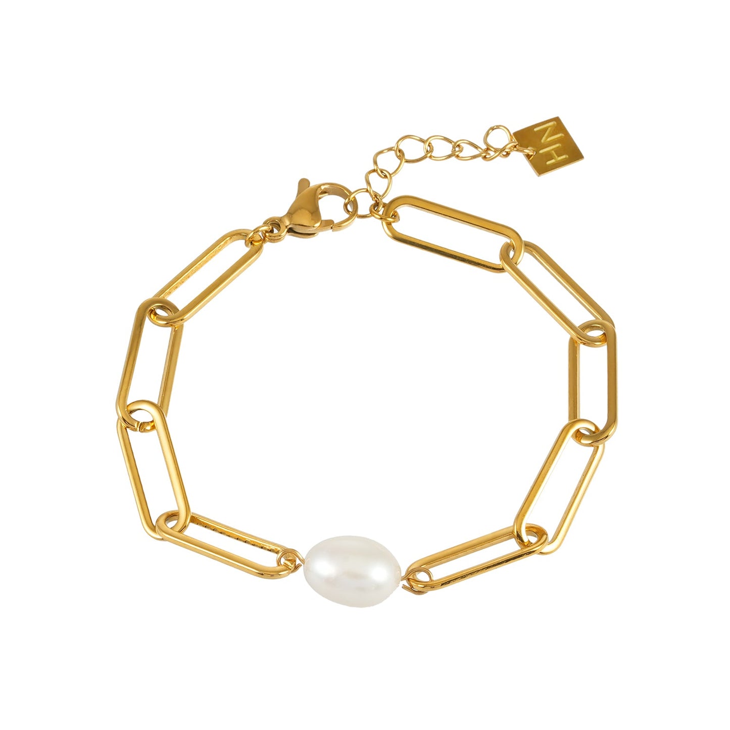 TIMEA Bracelet: Gold Paper Clip Chain Bracelet featuring a Single Freshwater Pearl