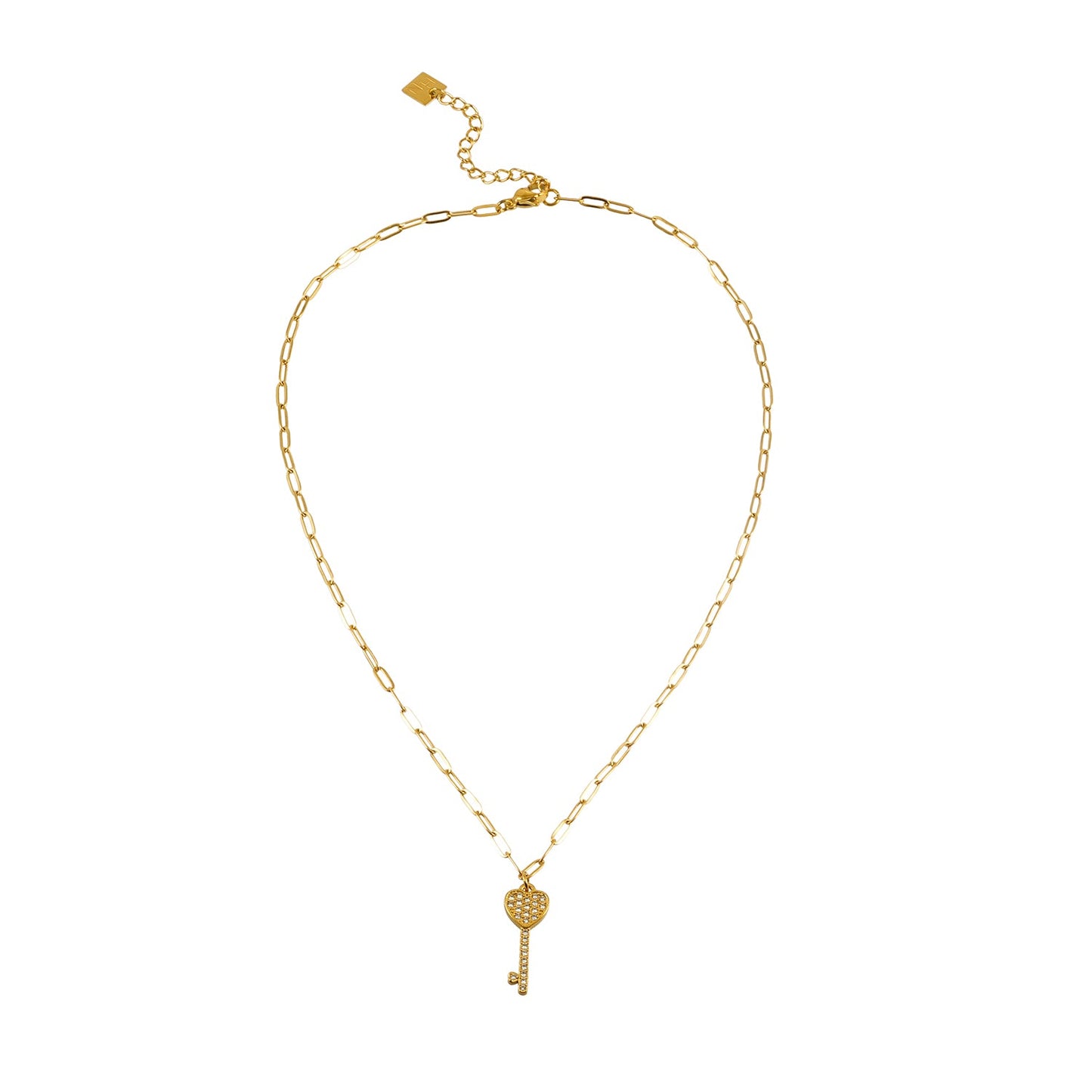 JAZRINA Gold: Pavé Key & Heart Pendant on a Paper Clip Chain Necklace