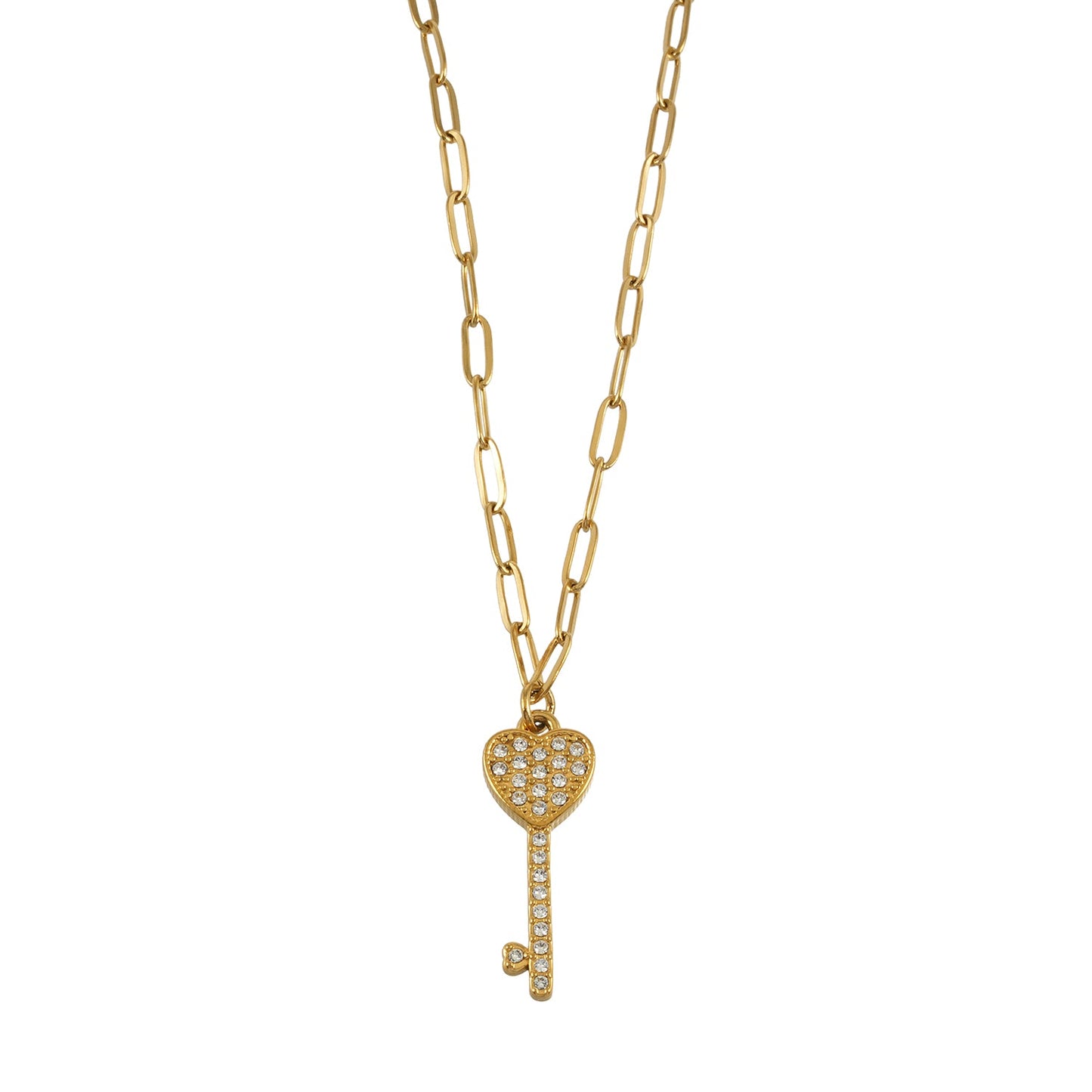 JAZRINA Gold: Pavé Key & Heart Pendant on a Paper Clip Chain Necklace