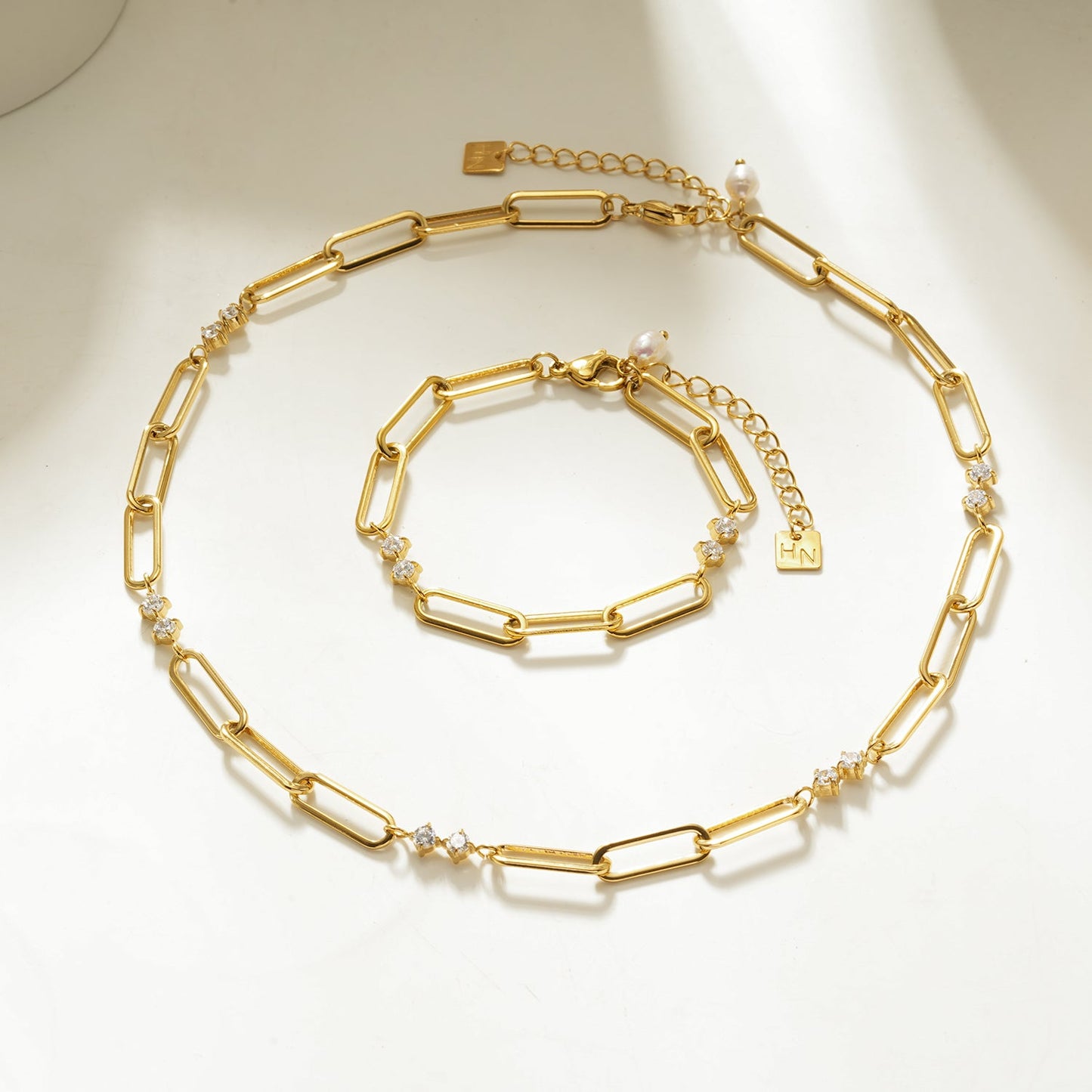 TIANINA Gold Bracelet: Paper Clip Chain with Zirconia Accents & a Freshwater Pearl Charm