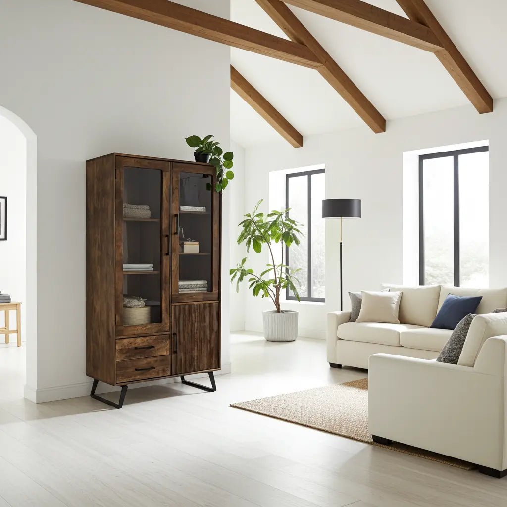 Armoire Arezzo en bois de manguier portes vitrées