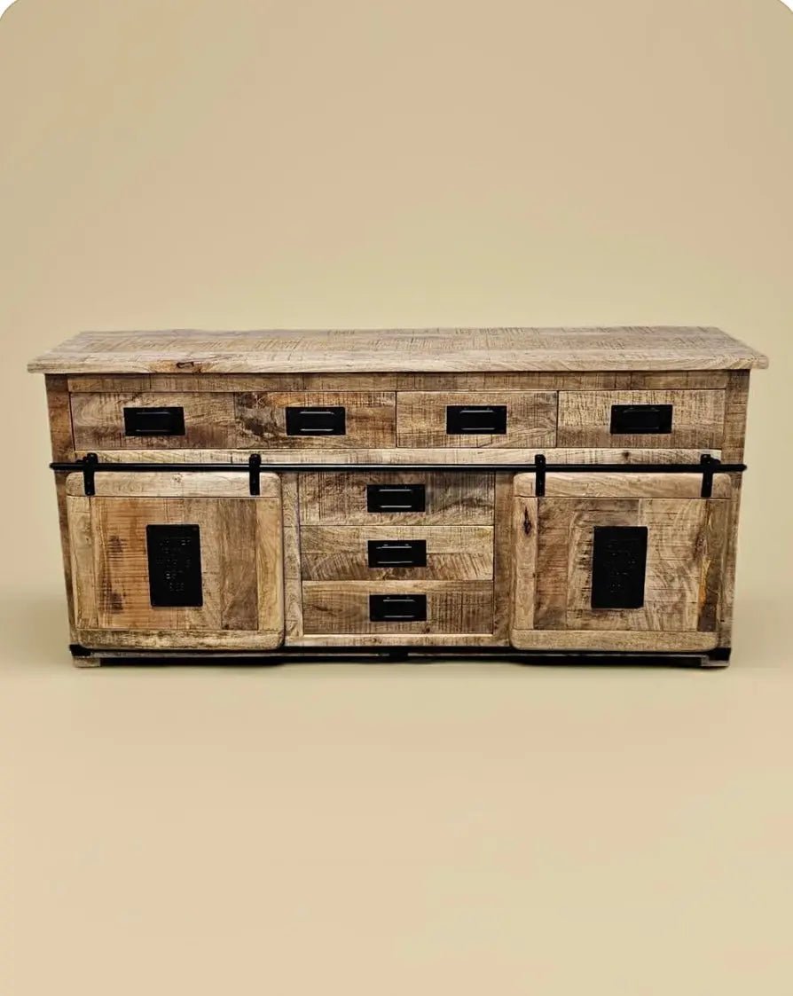 Buffet Farmhouse en bois de manguier brut avec portes coulissantes