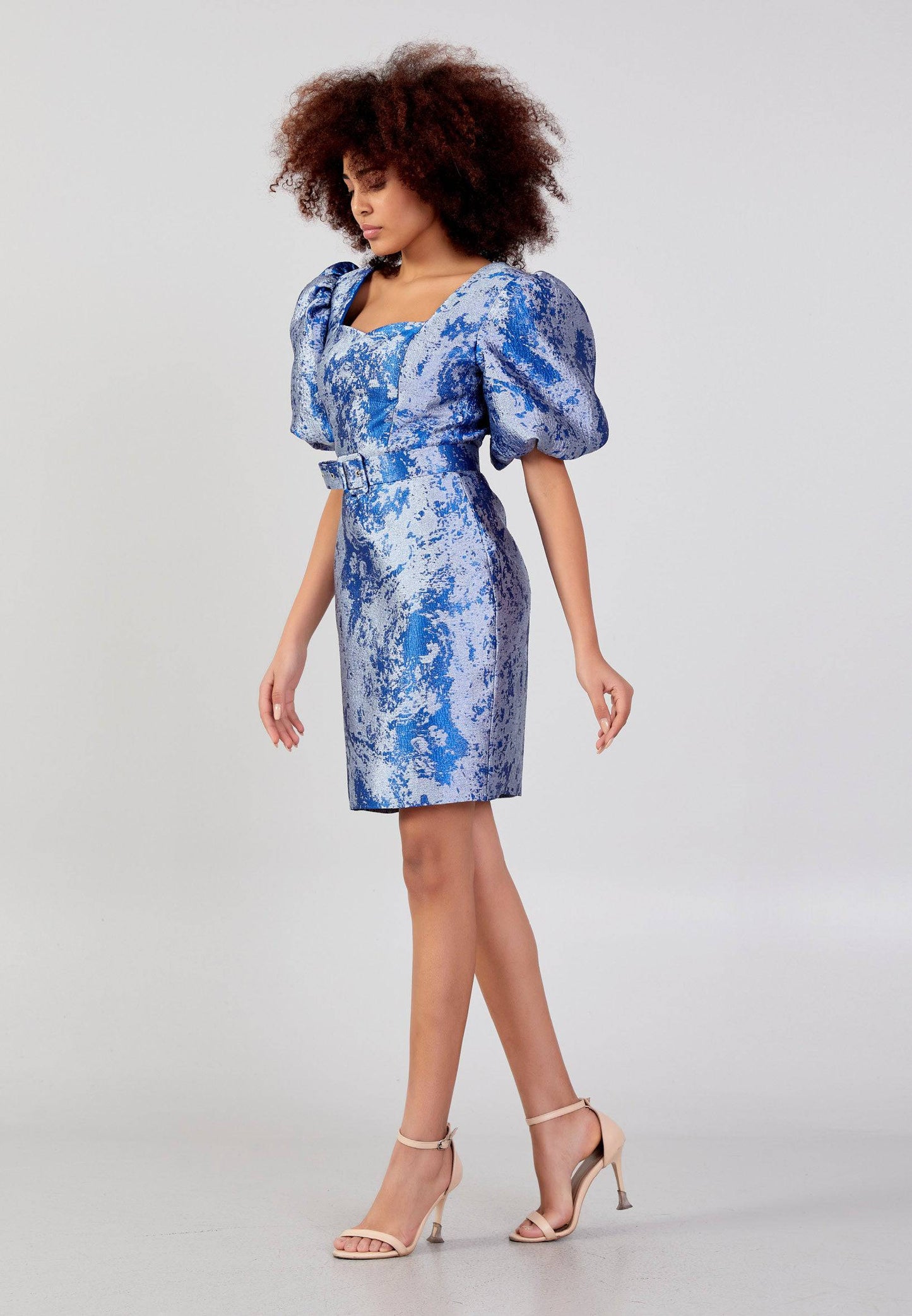 Short Puffy Sleeve Mini Column Cocktail Dress - Silver Blue