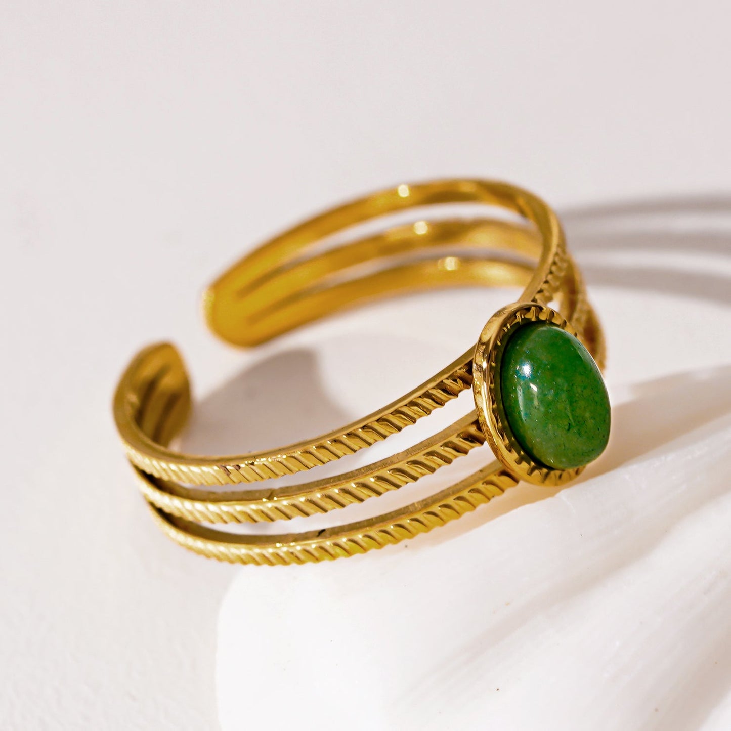 ELMARIE: Triple Banded Textured Ring with Green Aventurine Stone Centre Piece