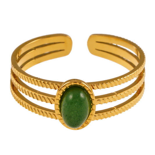 ELMARIE: Triple Banded Textured Ring with Green Aventurine Stone Centre Piece