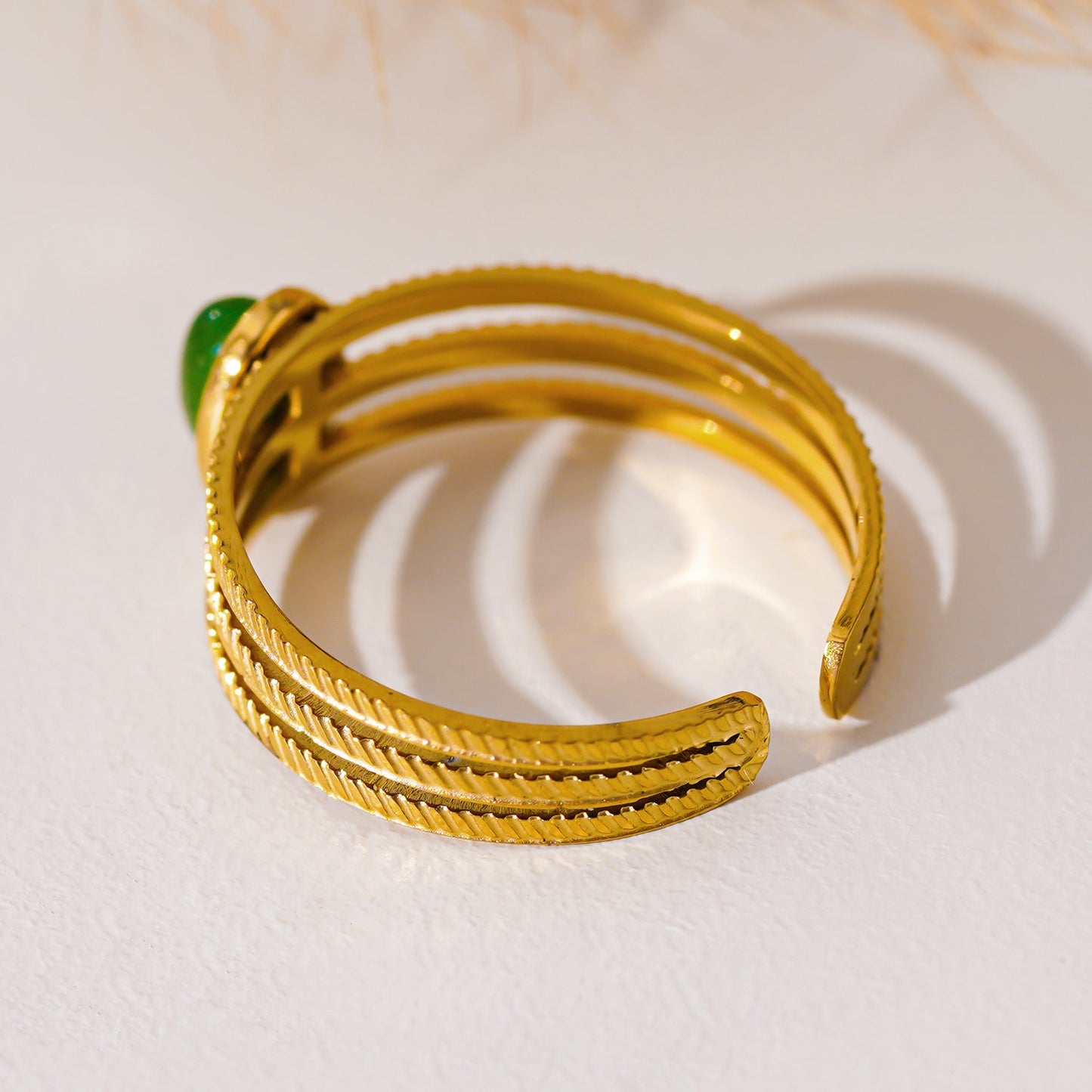 ELMARIE: Triple Banded Textured Ring with Green Aventurine Stone Centre Piece