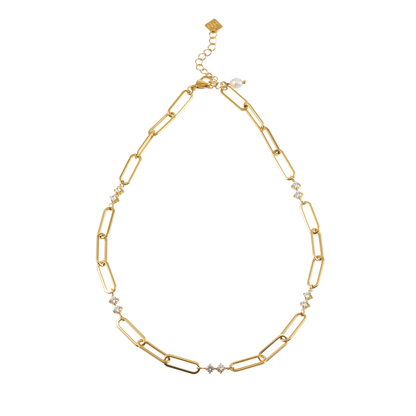ELOPPINA Gold Necklace: Paper Clip Chain with Zirconia Accents & a Freshwater Pearl Charm