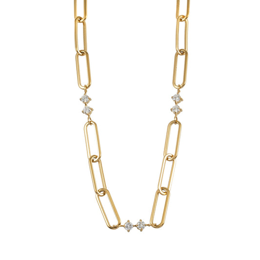 ELOPPINA Gold Necklace: Paper Clip Chain with Zirconia Accents & a Freshwater Pearl Charm