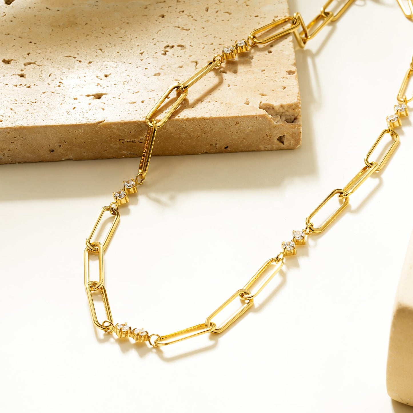 ELOPPINA Gold Necklace: Paper Clip Chain with Zirconia Accents & a Freshwater Pearl Charm