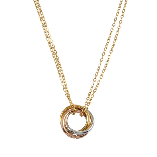 ELVIRA Mixed Metals: Double Chain Dainty Necklace with Intertwined 3-Ring Pendant – Symbol of Love, Unity & Eternity