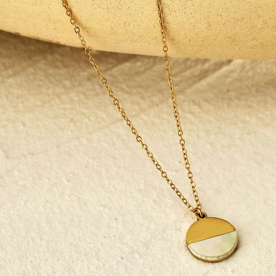 EMERSYN Gold: Minimalist Metal & Shell Circle Pendant Necklace