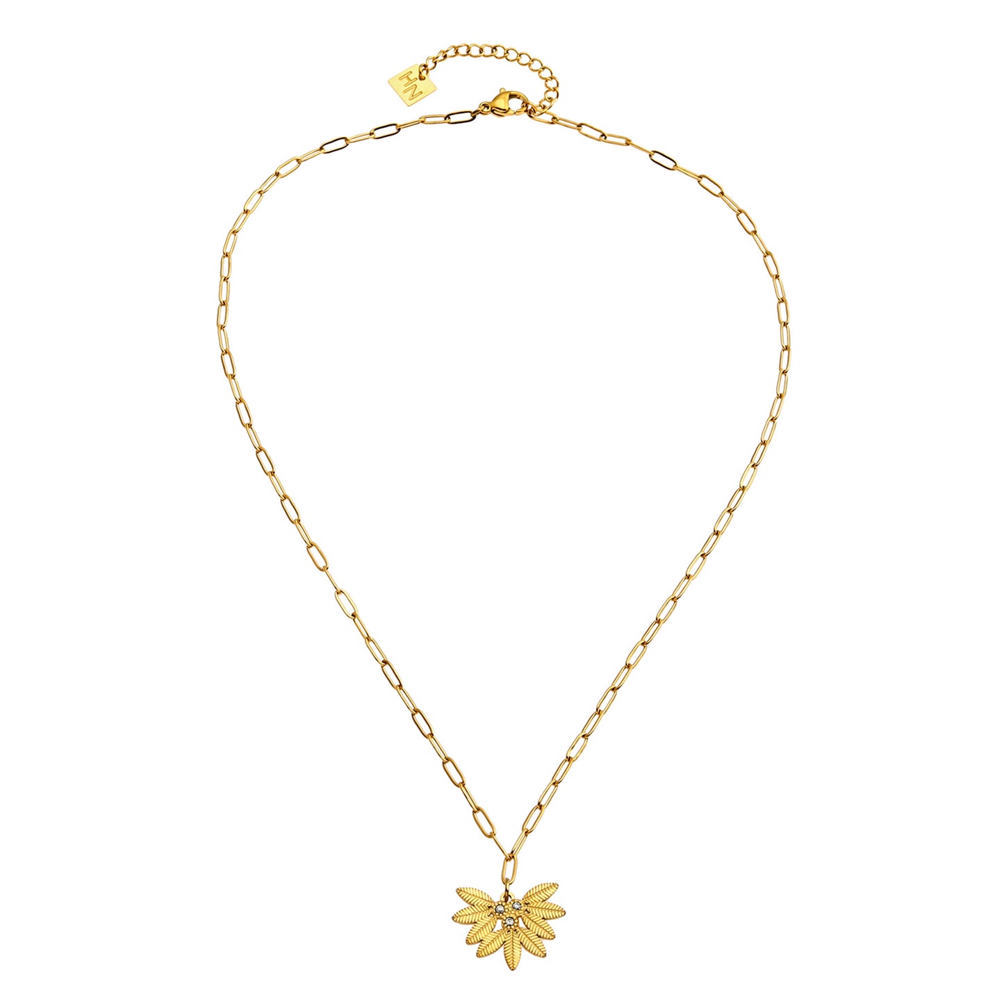 ENOLA Mini Paper Clip Chain with Leaves Design Zirconia Pendant in Gold