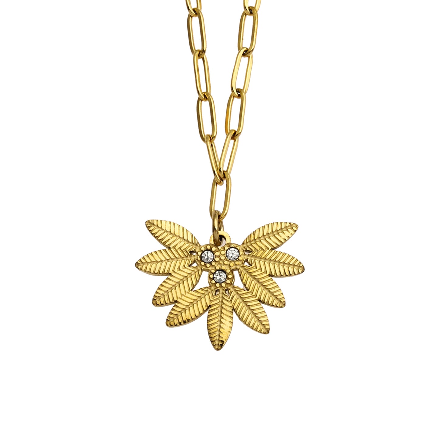 ENOLA Mini Paper Clip Chain with Leaves Design Zirconia Pendant in Gold