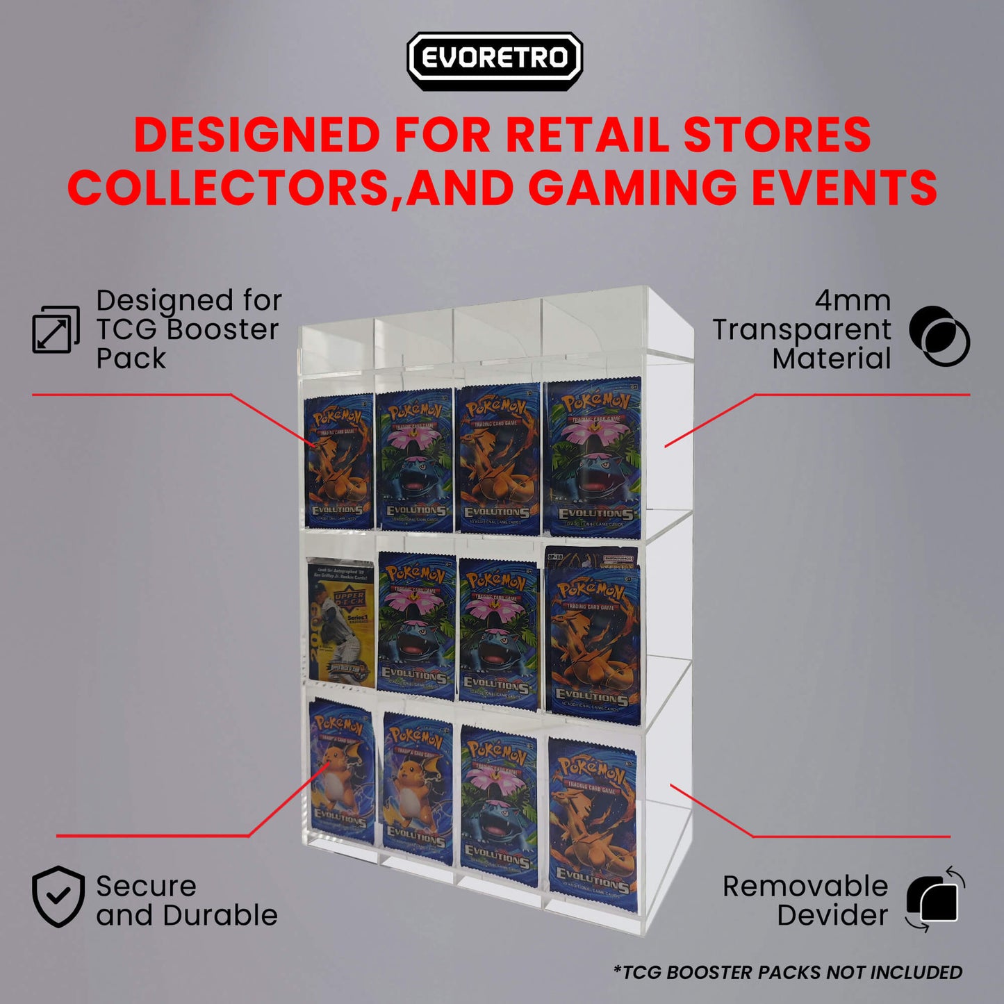 EVORETRO Acrylic Display Stand for Booster  DispenserPacks – Retail Counter Unit with Top Shelf