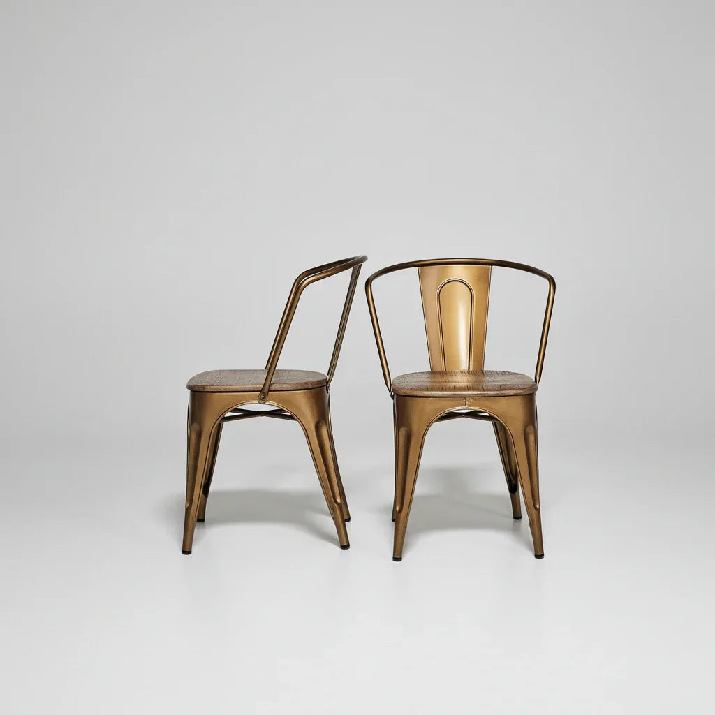 Ensemble de 2 Chaises Sita en acier Dorée et siège en bois de manguier