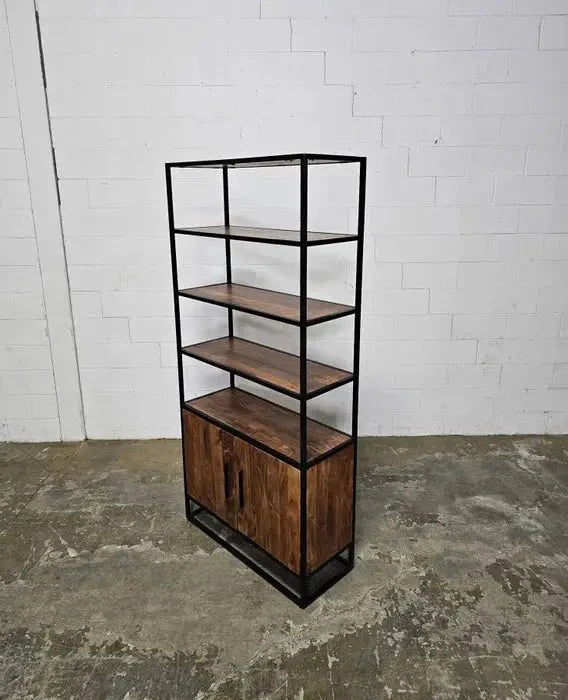 Étagère en Bois d'Acacia 2 portes sur structure d'acier noir