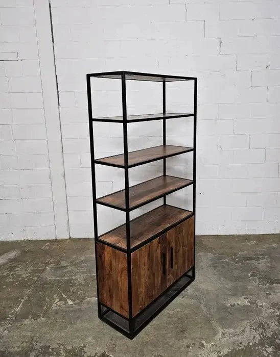 Étagère en Bois d'Acacia 2 portes sur structure d'acier noir