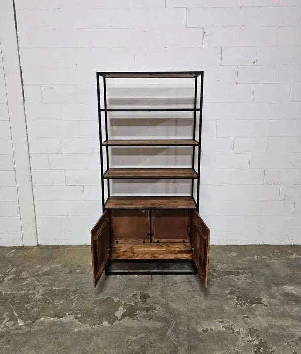 Étagère en Bois d'Acacia 2 portes sur structure d'acier noir