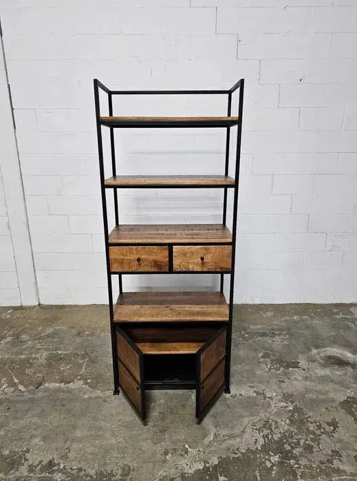 Étagère Style industrielle en bois de manguier et acier noir avec 2 tiroirs