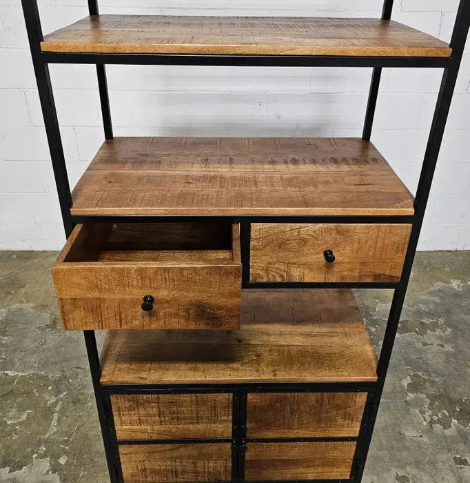Étagère Style industrielle en bois de manguier et acier noir avec 2 tiroirs