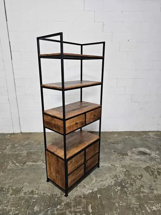 Étagère Style industrielle en bois de manguier et acier noir avec 2 tiroirs