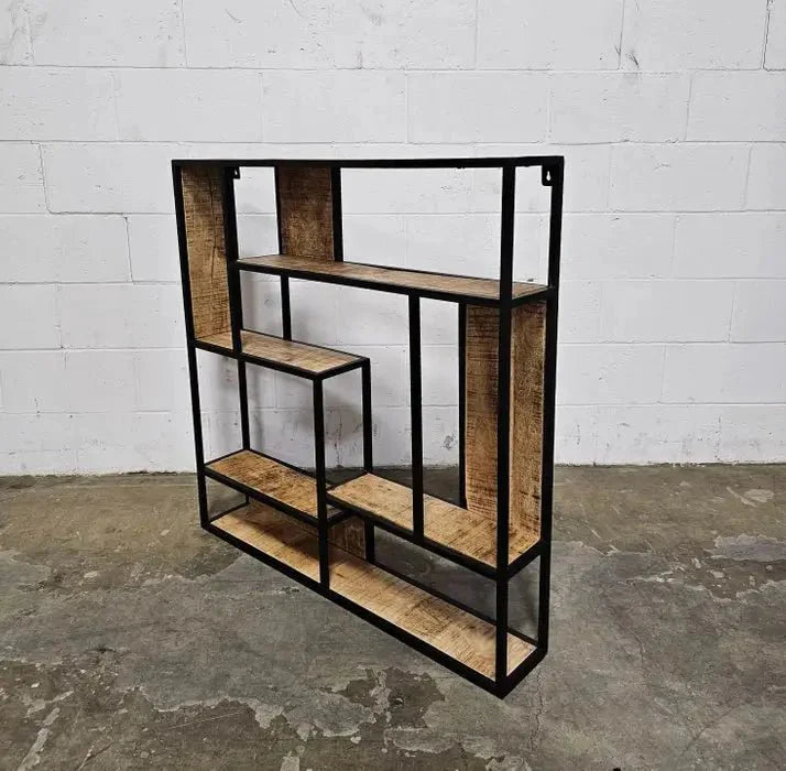 Étagère mural carrée en bois de manguier et acier noir