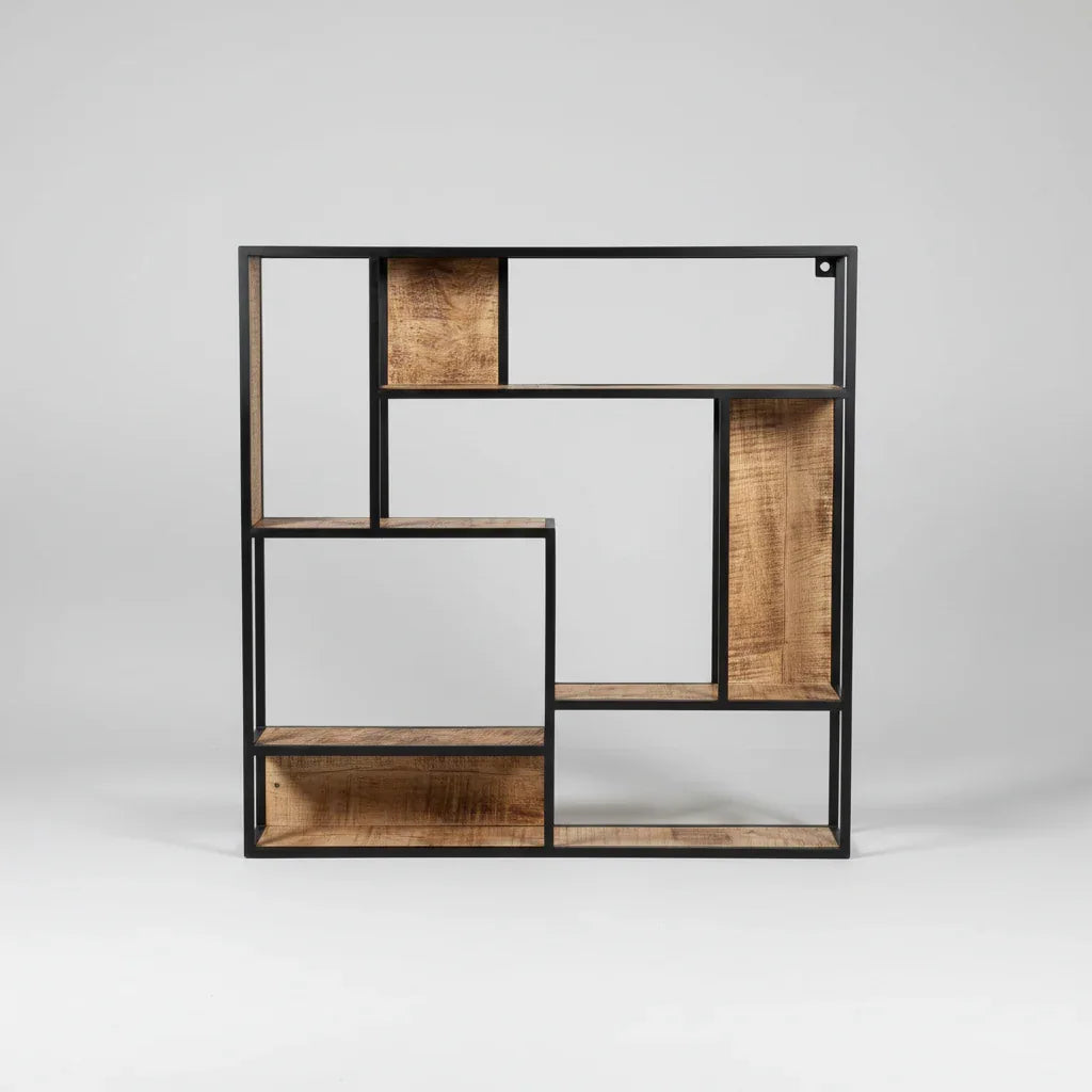 Étagère murale carrée en bois de manguier et acier noir