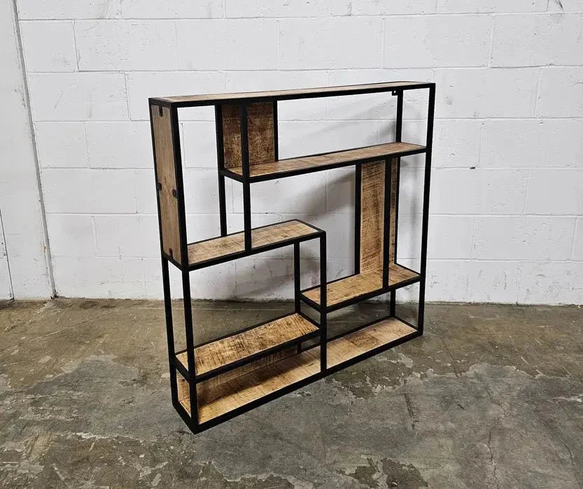 Étagère mural carrée en bois de manguier et acier noir