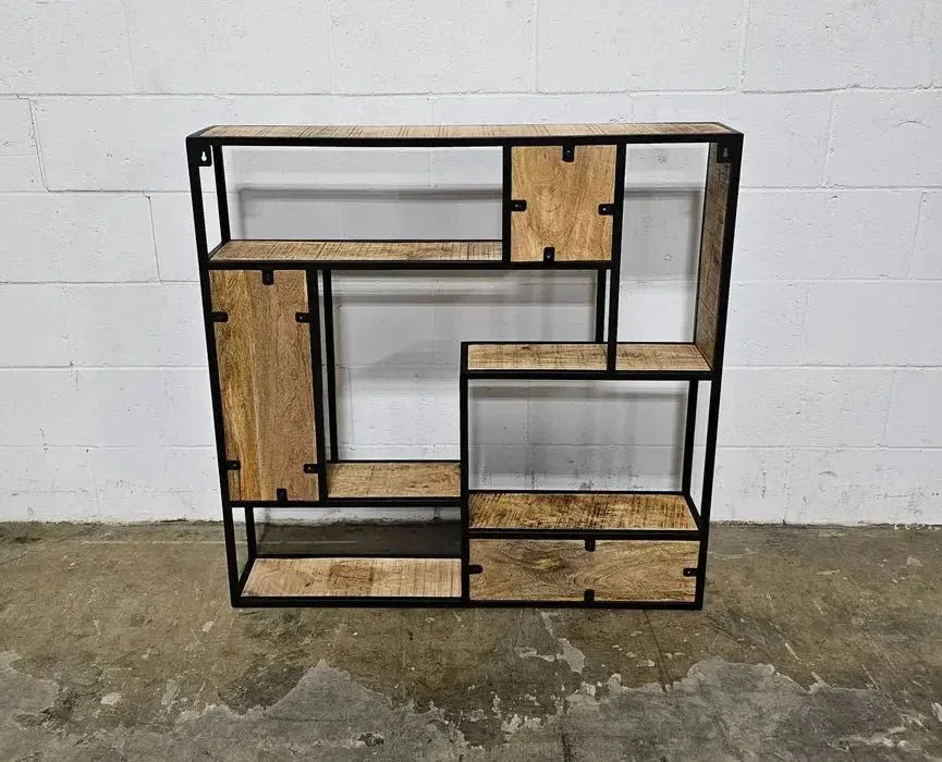 Étagère murale carrée en bois de manguier et acier noir